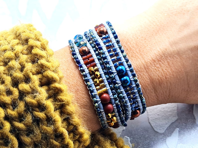 Wickelarmband in blau braun gold, Hämatit wunderschönes Geschenk beste Freundin ,Boho-Wickelarmband, Freundschaft,Hippiearmband, Unikat für Bild 2