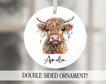 Highland Cow Ornament, Personalized Cow Ornament, Gift for Cow Lover, Christmas Farm, Custom Name  Ornament, Yearly Ornament for Kids