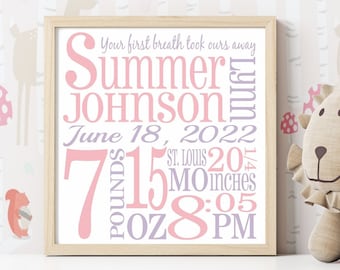 Birth Announcement Sign, Personalized Birth Stats Print, Custom Newborn Gift, Baby Info Keepsake, New Mom Gift, Nursery Wall Art