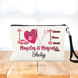 Personalized Fitness Bag, Gym Makeup Toiletry Bag, Muscles & Mascara, Gym Gift, Weightlifting Gifts, Custom Workout Zippered Pouch for Her