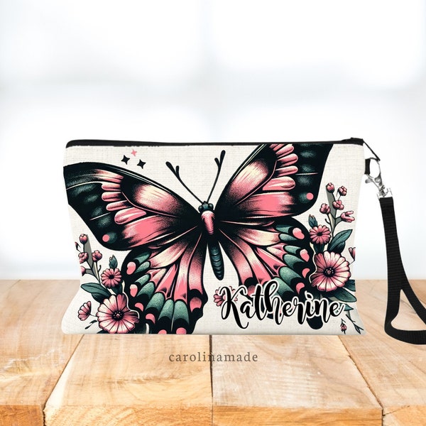 Butterfly Makeup Bag, Personalized Butterfly Cosmetic Bag, Butterfly Gift Ideas, Butterfly Lover Gift, Floral Butterfly Zipper Pouch Gifts