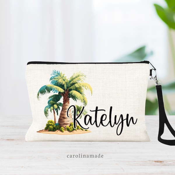 Personalized Palm Tree Beach Bag, Girls Beach Trip Travel Makeup Bag, Cosmetic Bag, Zippered Money Wristlet, Sunscreen Accessory Pouch