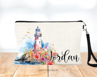 Personalized  Lighthouse Bag, Lighthouse Beach Wristlet, Retro Lighthouse Makeup Bag, Lighthouse Gift, Gift for Lighthouse Lover