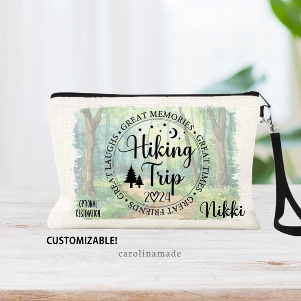 Hiking Trip Bag, Personalized Hiking Wristlet, Family Hike Trip, Girls Hike Trip, Gift for Hiker, Camping Makeup Bag, Hiking Gift Ideas