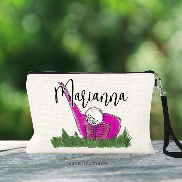 Personalized Golf Club Bag, Golf Cosmetic Bag, Custom Golf Team Linen Wristlet, Golf Lover Gift, Golfer Zipper Pouch, Pink Golf Tee Bag