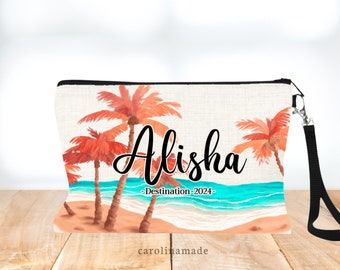 Beach Trip Bag, Personalized Girls Getaway Beach Wristlet, Honeymoon Beach Makeup Bag, Ocean Palm Tree Destination Bag, Beach Wedding Gift
