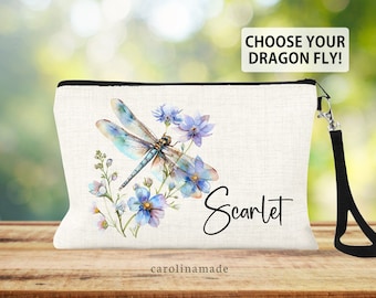 Personalized Dragonfly Makeup Bag, Floral Dragonfly Cosmetic Bag, Custom Dragonfly Zipper Pouch, Dragonfly Gift Ideas, Dragonfly Flowers