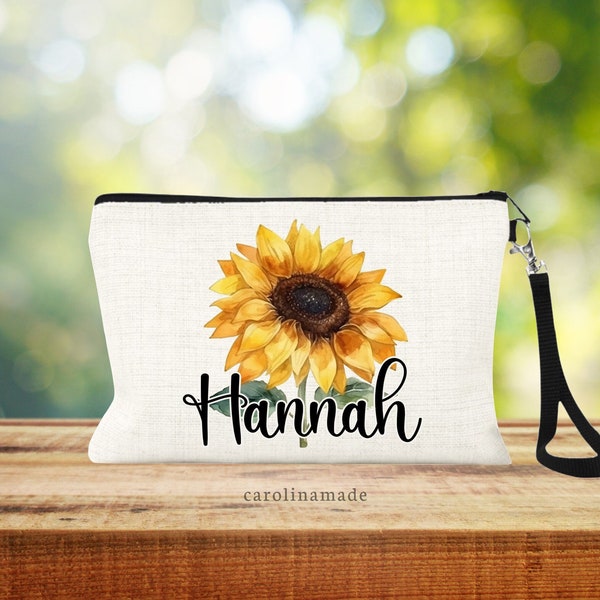 Sunflower Bag, Personalized Sunflower Makeup Bag, Linen Cosmetic Bag, Zipper Pouch, Money Wristlet, Sunflower Gifts, Floral Travel Bag