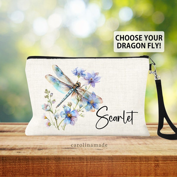 Personalized Dragonfly Makeup Bag, Floral Dragonfly Cosmetic Bag, Custom Dragonfly Zipper Pouch, Dragonfly Gift Ideas, Dragonfly Flowers