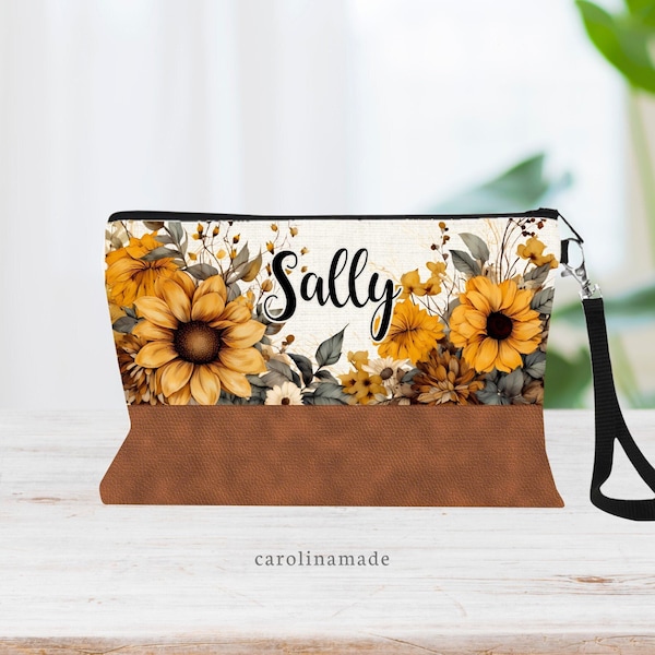 Personalized Faux Leather Sunflower Wristlet Purse, Flower Makeup Bag, Custom Name Yellow Flower Cosmetic Bag, Zipper Pouch, Faux Leather