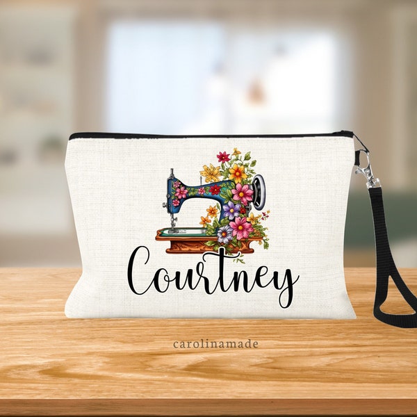 Sewing Makeup Bag, Personalized Seamstress Cosmetic Bag, Sewing Machine Wristlet, Gift for Sewer, Travel Bag, Book Zipper Pouch