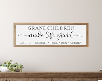 Los nietos personalizados hacen la vida grandiosa, regalo de los abuelos, regalo del día de la madre, signo personalizado de los nombres de los nietos, regalo personalizado de los niños
