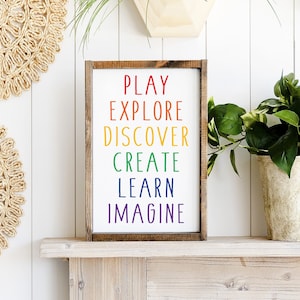 Play Room Decor, Homeschool Room, Play Explore Discover Create Learn Imagine, Rainbow Colors, Playroom Sign