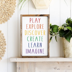 May include: A framed print with the words "PLAY EXPLORE DISCOVER CREATE LEARN IMAGINE" in rainbow colors on a white background. The print is hanging on a white wall with two woven wall decor pieces and potted plants.