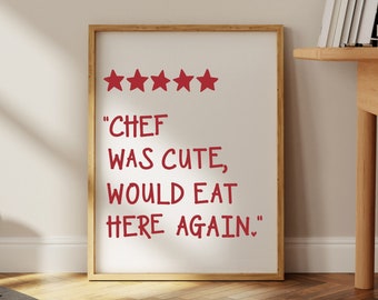 Five Star Chef was cute kitchen sign, Retro Decor, Aesthetic Print, Trendy Wall Art, Preppy Art, Vintage Poster, Fun Kitchen Wall Decor