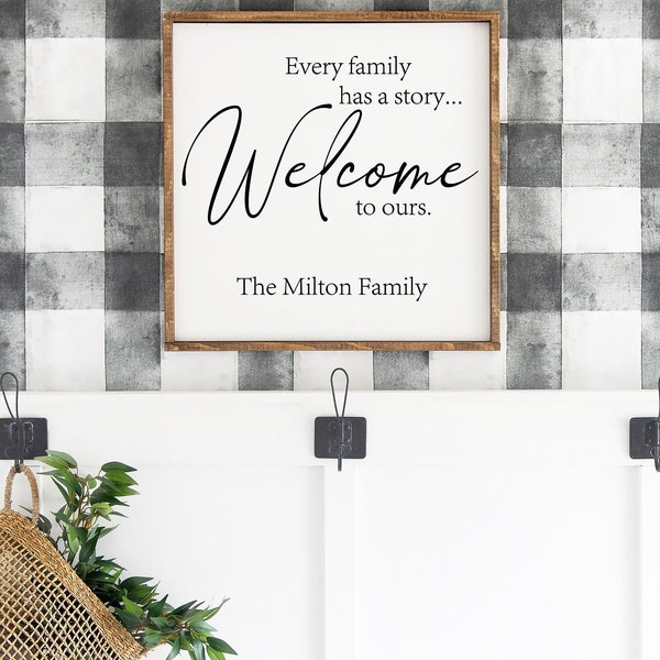 Every Family Has a Story Welcome to ours Sign, Personalized Farmhouse Sign, Entryway Welcome Decor