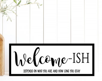 May include: Black and white welcome sign with the text "Welcome-ish" and the caption "Depends on who you are and how long you stay".