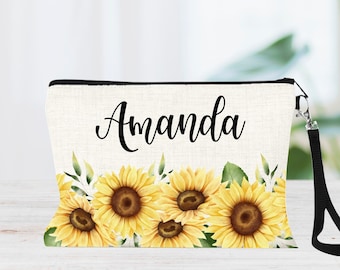 Sunflower Makeup Bag, Personalized Sunflower Gift, Lined Linen Cosmetic Bag, Sunflower Gifts for Bridesmaids, Sunflower Best Friend Gift