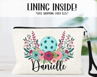 Floral Pickleball Bag, Personalized Picklebal Makeup Bag, Girls Pickleball Zipper Pouch, Pickleball Gifts, Custom Pickleball Toiletry Bag