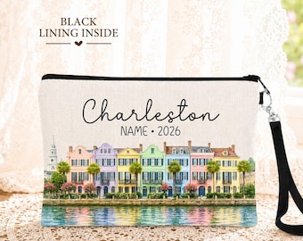 Charleston SC Makeup Bag, Rainbow Row Cosmetic Bag, Personalized Travel Pouch, Charleston Souvenir Gift Bridesmaid Gift, Charleston Keepsake