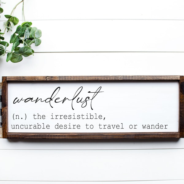 Letrero con la definición de "Wanderlust Travel", "Love to Travel", letrero de estilo rústico en lienzo enmarcado, decoración rústica moderna, lámina de viaje.