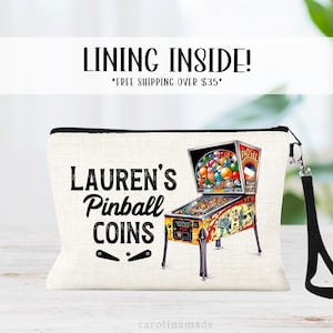 Personalized Pinball Coins Bag, Pinball Arcade Money Holder, Custom Pinball Arcade Name Wristlet, Pinball Team Gifts, Pinball Player Bag