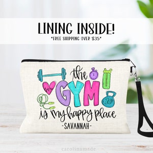 Gym is my happy place makeup bag, Gym Toiletry Bag, Custom Fitness Zipper Pouch, Gym Bag, Gym Gift, Work Gift Ideas, Weight Lifting Gift