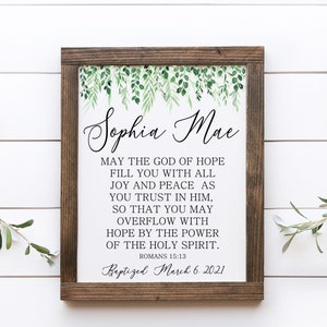 May the God of Hope Bible Verse Sign, Baptism Gift, Scripture Wall Art, Christening gift, First Communion, Romans 15:13, Framed Canvas