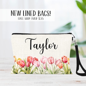 Tulip Flower Makeup Bag, Personalized Tulip Gift, Lined Linen Cosmetic Bag, Pink Floral Bag for Her, Tulip Wedding Gift, Flower Girl Gifts