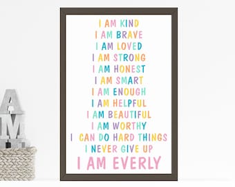 Affirmations Wall Art for Kids, Daily Affirmation Print, I am Personalized Wall Art, Nursery Decor, New baby gift, Wall art for Girls Room