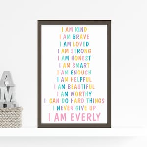 Affirmations Wall Art for Kids, Daily Affirmation Print, I am Personalized Wall Art, Nursery Decor, New baby gift, Wall art for Girls Room