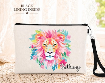 Personalized Lion Makeup Bag, Colorful Lion Cosmetic Bag, Custom Animal Gift, Girls Travel Pouch, Wildlife Lover Zipper Bag