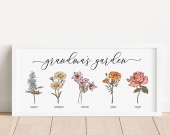 Mothers Day Gift, Gift for Grandma, Gift for Mom, Personalized Gift Birth Month Flowers, Love Grows Here Sign, Custom Kids Names