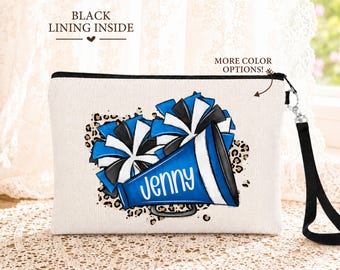 Custom Cheer Makeup Bag, Personalized Cheerleader Cosmetic Bag, Team Color Cheer Gift, Pom Pom Zipper Pouch, Cheer Coach Gift