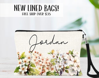 Hawthorn Flower Makeup Bag, Personalized Hawthorn Birth Flower Gift, Lined Linen Cosmetic Bag, May Birth Flower Gifts, White Floral Gifts
