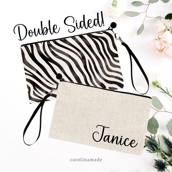 Personalized Zebra Double Sided Bag, Custom Name Zebra Makeup Bag, Zebra Gifts, Zebra Lover Gift for Her, Zebra Print Wristlet Purse, Safari