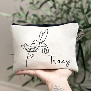 Hummingbird Line Art Bag, Hummingbird Cosmetic Bag, Custom Hummingbird Gift, Bird Lover Gift, Minimalist Bird Flower Zipper Pouch