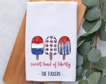 Personalized July 4th Hand Towel, Red White Blue Popsicle Kitchen Towel, Patriotic Kitchen Decor, Memorial Day Decor, Sweet Land of liberty