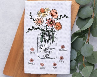 Flower Bouquet Personalized Gift, Mother's Day Gift, Grandparents Kitchen Dish Towel, Custom Gift for Grandma, Grandkids Name Flower Towel