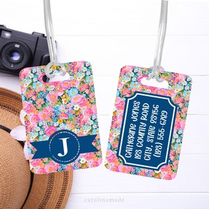 Floral Luggage Tag, Personalized Preppy Flower Bag Tag, Beach Trip Travel Accessories, Girls Custom Monogram Luggage Tag, Traveler Gift