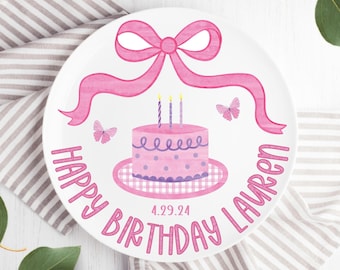 Pink Watercolor Cake Plate, Personalized Name Plate for Girls, Custom Birthday Cake Plate, Girls First Birthday Keepsake, Pink Bow Plate