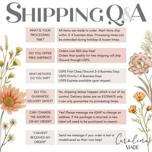 May include: A pink and white graphic with the text "SHIPPING Q&A" in black. The graphic contains a list of frequently asked questions about shipping, processing times, free shipping, shipping methods, delivery dates, address changes, and lost or misdelivered orders. The graphic also includes the text "Carolina MADE" in black.
