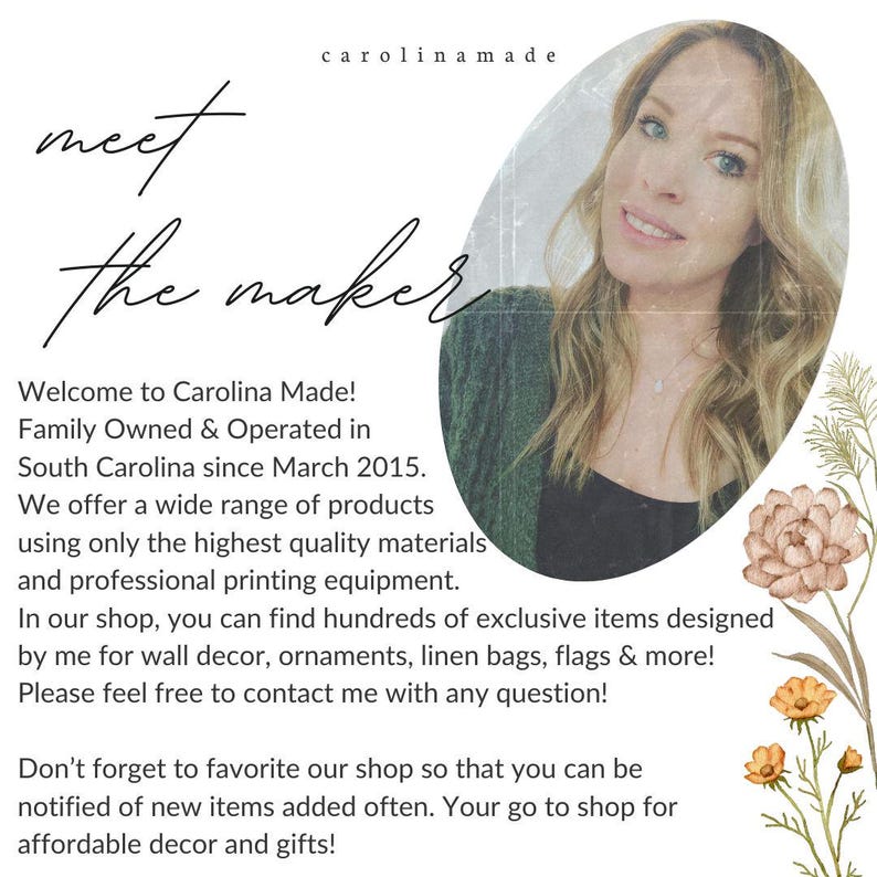 May include: Image featuring a woman with long blonde hair, with the text "carolinamade" at the top. The text "meet the maker" is written in cursive. The text below states the shop offers a wide range of products.