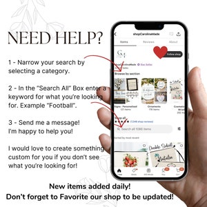 May include: A screenshot of an Etsy shop's mobile app, showing a variety of personalised items, including signs, ornaments, and cosmetics. The shop's name is "shopCarolinaMade" and the app features a search bar, a "Shop All" button, and a "Browse by Section" option. The app also has a "Follow Shop" button and a five-star rating.