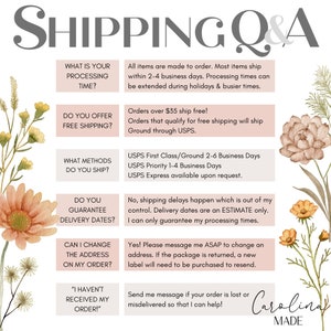 Puede incluir: Un gr&aacute;fico floral rosa y blanco con texto que dice "SHIPPING Q&A". El texto responde a preguntas comunes sobre el env&iacute;o, el tiempo de procesamiento, el env&iacute;o gratuito, los m&eacute;todos de env&iacute;o, las fechas de entrega, el cambio de direcciones y los pedidos perdidos o mal entregados. El texto tambi&eacute;n incluye el nombre de la marca "Carolina MADE".