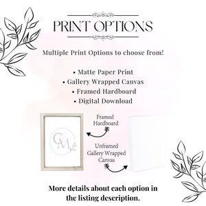 Puede incluir: Un gr&aacute;fico que muestra diferentes opciones de impresi&oacute;n para una impresi&oacute;n de arte digital. Las opciones incluyen impresi&oacute;n en papel mate, lienzo estirado en bastidor, tablero de fibra de madera enmarcado y descarga digital. La imagen muestra una maqueta de la impresi&oacute;n en un tablero de fibra de madera enmarcado y un lienzo estirado en bastidor sin enmarcar.