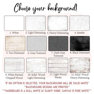 Pu&ograve; includere: Un grafico con 12 diverse opzioni di sfondo per un prodotto. Le opzioni includono bianco, effetto vissuto leggero, effetto vissuto pesante, marmo, legno rossiccio vissuto, texture grigia, texture grigio scuro, effetto vissuto nero, legno bianco scrostato, legno massello effetto vissuto leggero, assi di legno chiaro e legno massello effetto vissuto pesante. Il testo in fondo al grafico dice "Se non viene selezionata alcuna opzione, lo sfondo sar&agrave; bianco solido. I disegni di sfondo sono stampati. Il cartone rigido &egrave; di un bianco opaco con una leggera lucentezza. La tela &egrave; di un bianco puro."