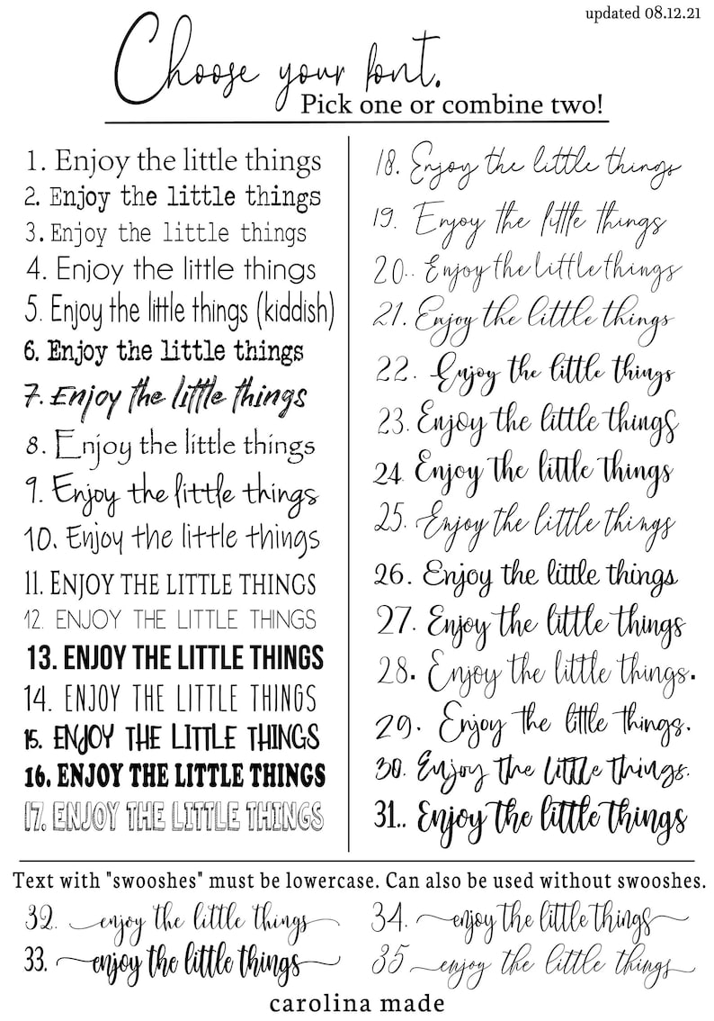 May include: A printable chart featuring 35 different font styles for the phrase "Enjoy the little things". The chart is divided into two columns, with each font style numbered. The chart also includes instructions on how to use the fonts, including combining two fonts.