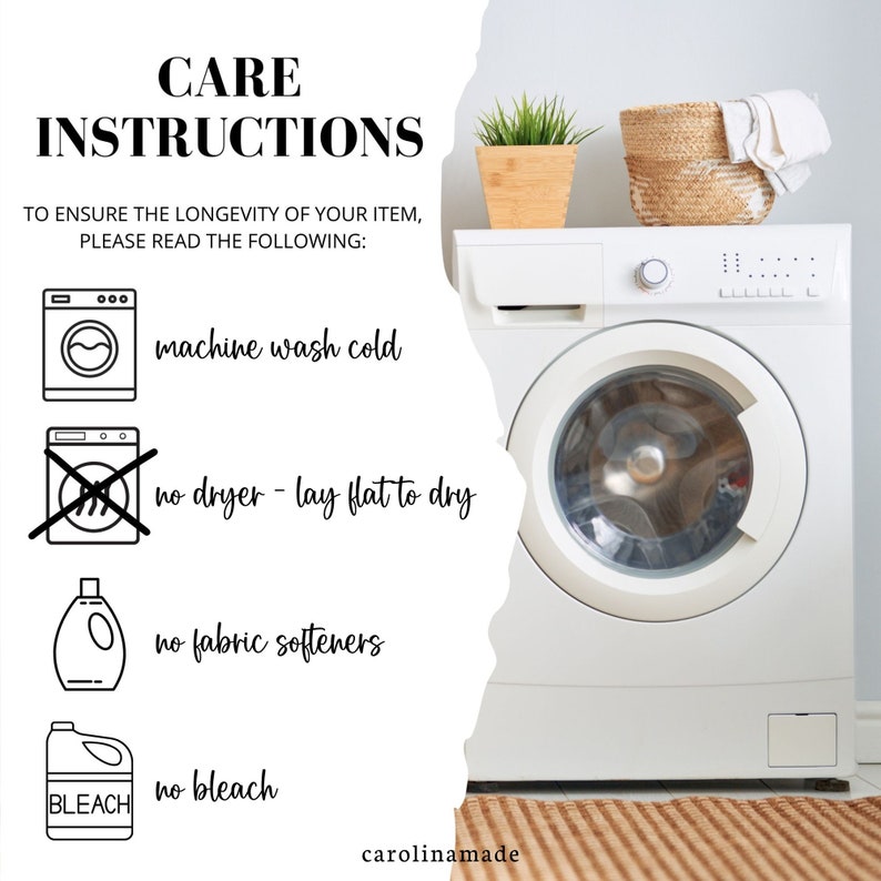 Puede incluir: Instrucciones de cuidado para una prenda: lavar a m&aacute;quina con agua fr&iacute;a, secar en plano, no usar secadora, no usar suavizante, no usar lej&iacute;a. Las instrucciones se muestran junto a una lavadora blanca con una cesta de mimbre marr&oacute;n y una planta en maceta en la parte superior.