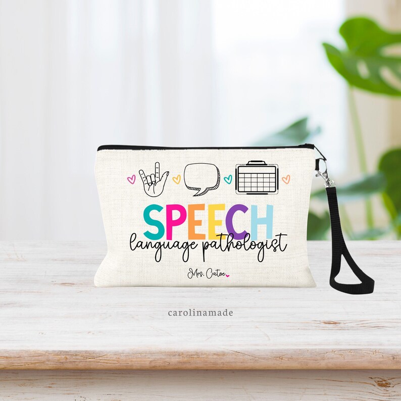 This linen zipper pouch is the perfect appreciation gift for your speech therapist! With line art symbols for hearing, speaking, brain function, this design is the perfect gift for any speech language pathologist! Personalize with their name.